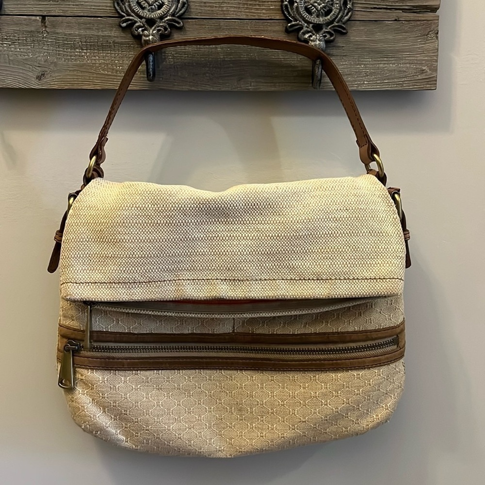 Fossil Explorer Bag Foldover Flap Canvas & Leather Zip Top Magnetic Closure